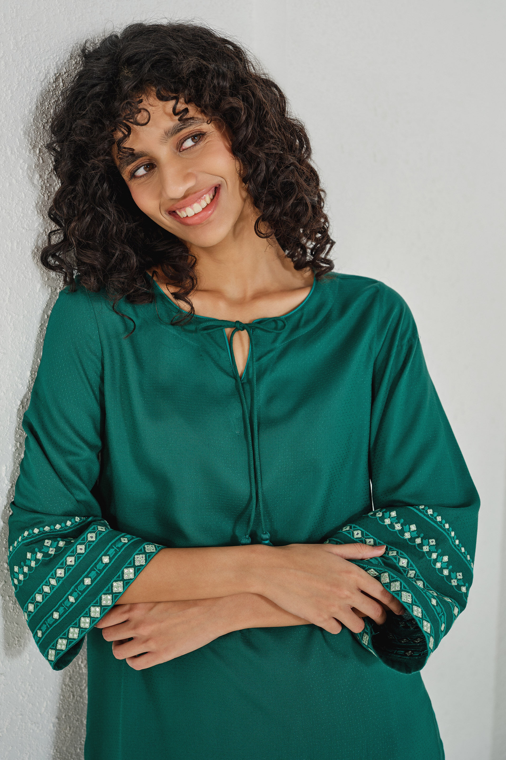 Teal Embroidered Long Kurta Set, Teal, image 2